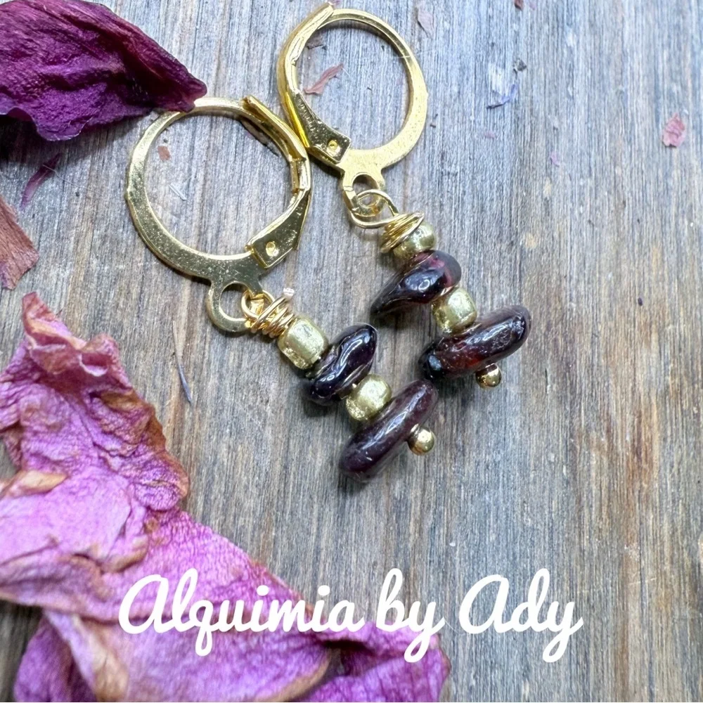 Dainty  Gold and wine garnet Earrings